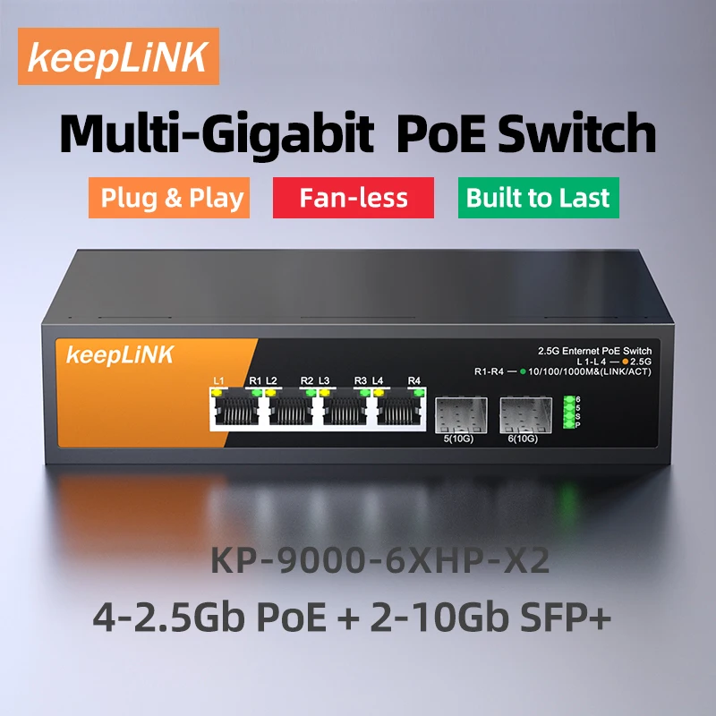 KeepLiNK 6-Port Multi-gigabit Network Switch with 4-Port 2.5G PoE+ Switch and 2-SFP+ for Uplink Unamanged Plug and Play