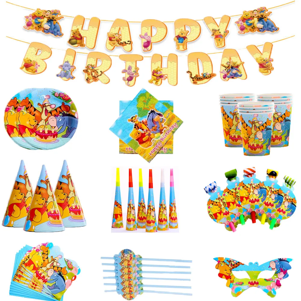 Disney Winnie the Pooh Disposable Cutlery Set Cup Plate Baby Shower Party Decorations Birthday Party Disposable Cup Table Cover