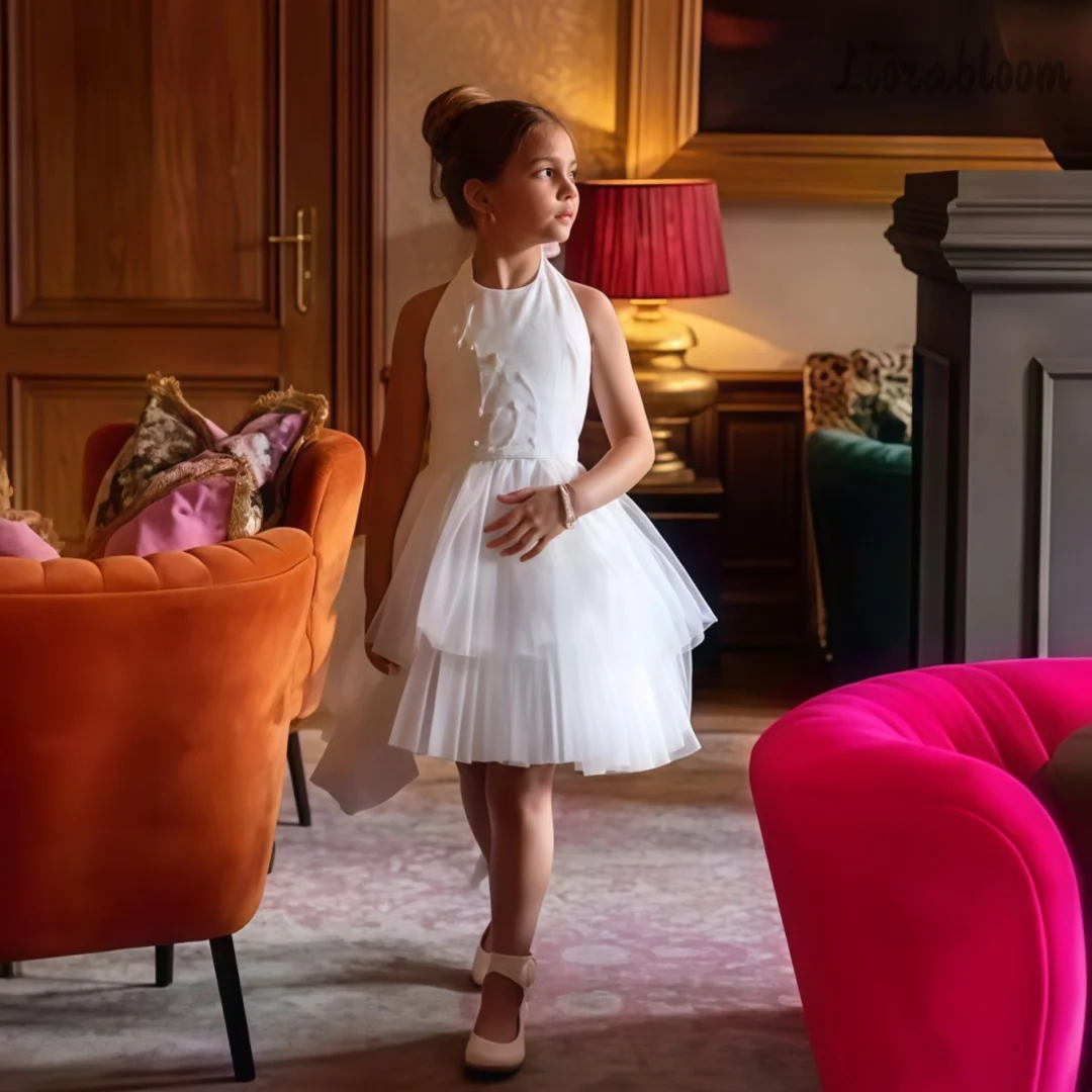 

Custom Girls' Fluffy Tulle Dress Girls White with Flower Corsage for Wedding Pageant Daily Party