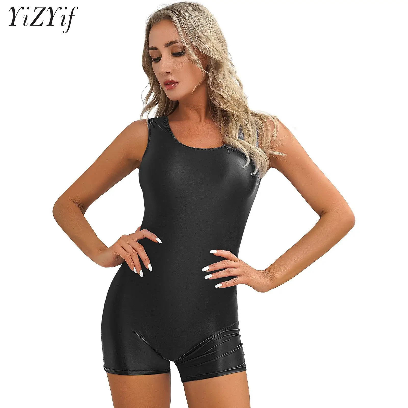 

Women Glossy Sleeveless Boyleg Bodysuit Yoga Pilates Aerobics Dance Leotard Gym Sport Bodybuilding Workout One Piece Sportswear