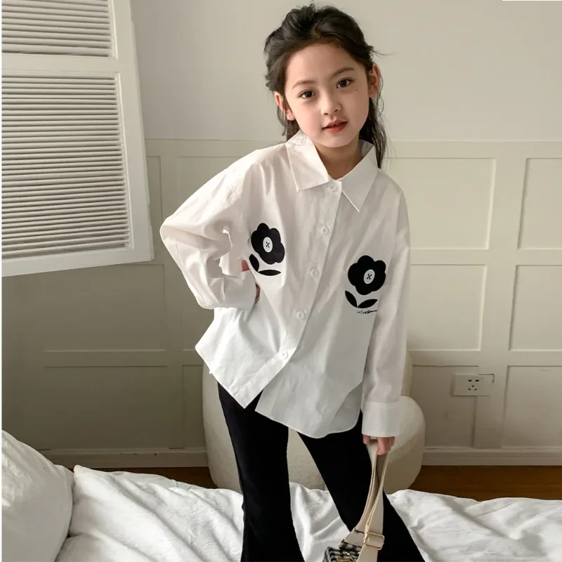 2024 New Girls Spring Autumn Two Piece Sets Top Shirt Pant Flower Embroidery Turndown Collar Loose Soft All-match Outdoor