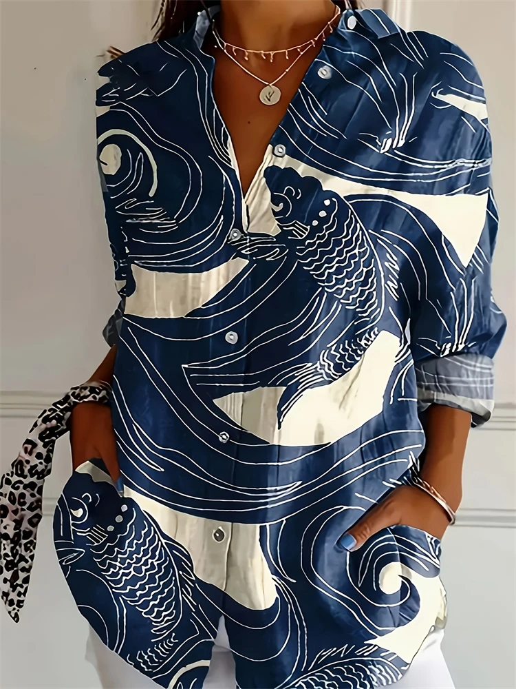 

Carp Pattern Women's Shirt Retro Lapel Button Long Sleeve Shirt Big Size Women's Tops Fashion Women's Spring Summer New