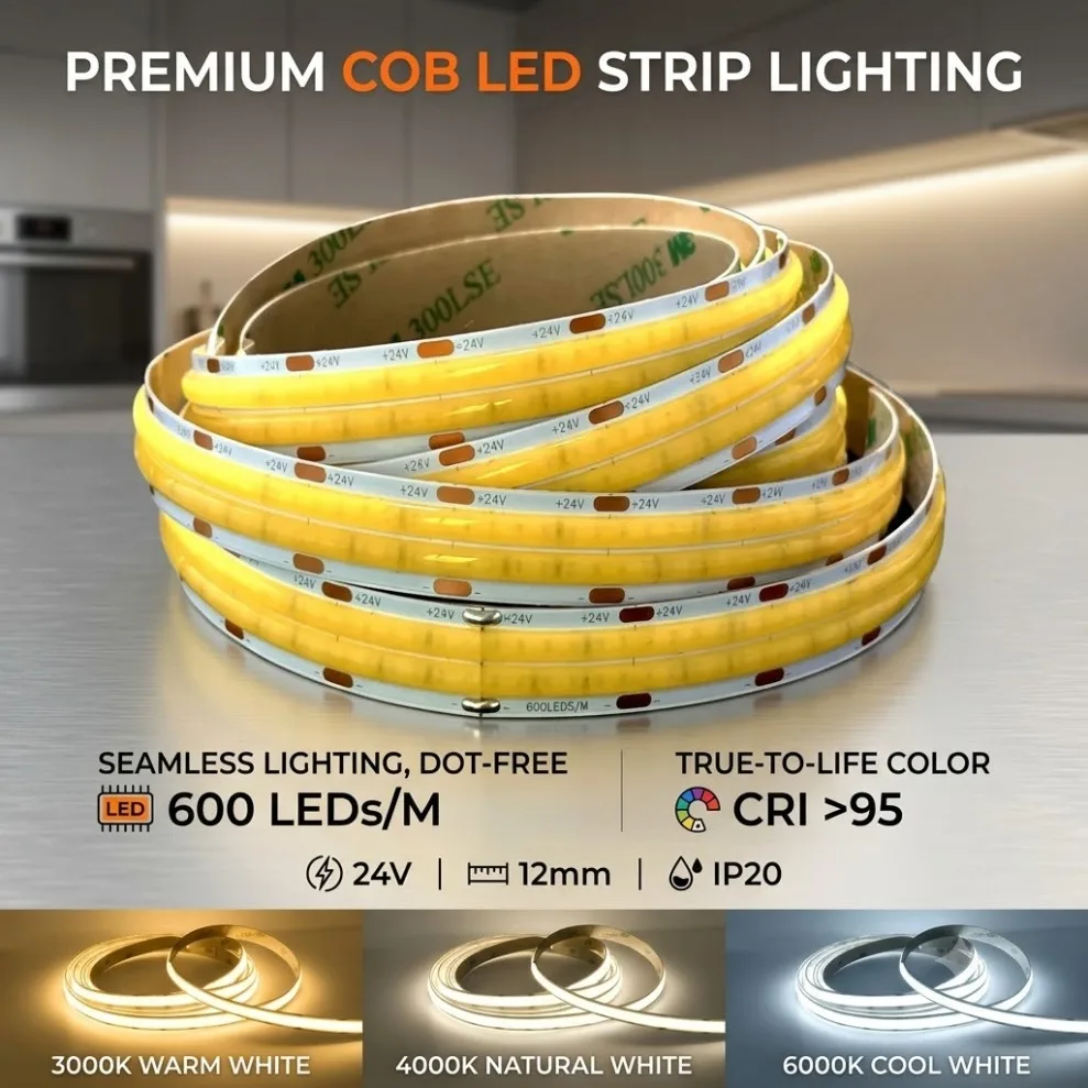 Double Row COB LED Strip DC24V 600LEDs/M 2000lm per meter Dimmable High Bright Flexible Tape 3000K/4000K/6000K for Bedroom Decor