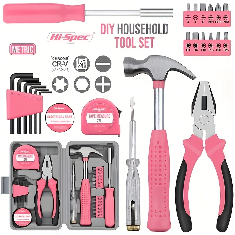 24PCS Pink DIY Tool Kit for Women Mini Home Toolbox Set with Hammer Pliers Wrench Screwdriver Basic Starter Tools