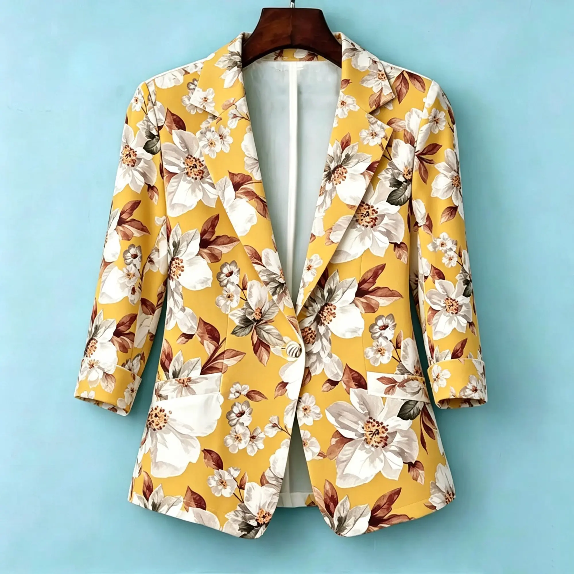 Chic Aesthetic Women Thin Floral Print Blazer Jacket Notched Lapel Single Button Flower 3/4 Sleeve Casual Office Outerwear Coat