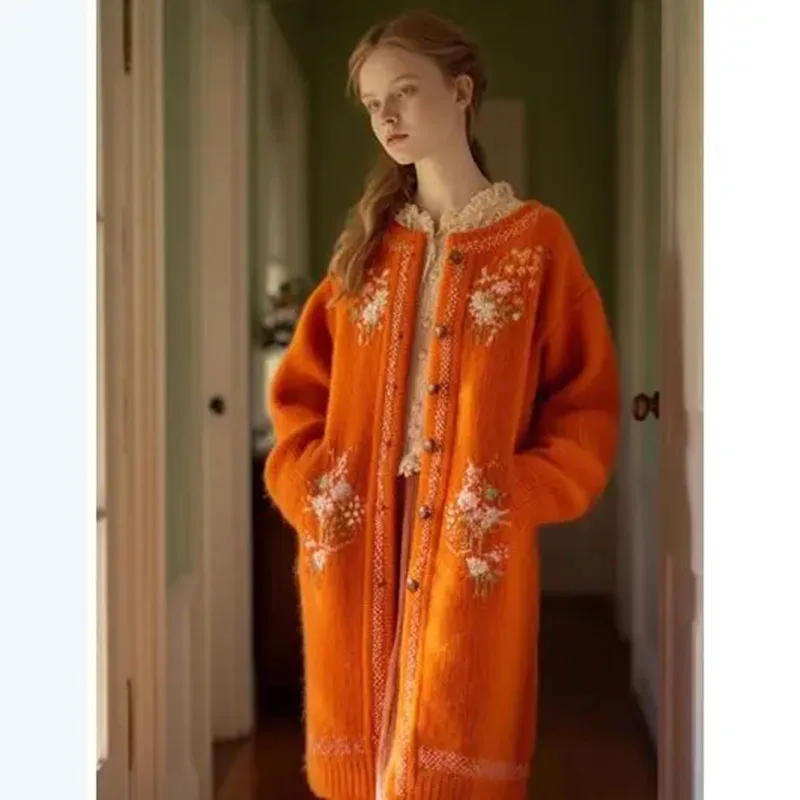 

Pumpkin Long Cardigan Women Embroidery Woolen Knitted Sweater Single Breaste Jacket O-neck Knitwear Coat Winter