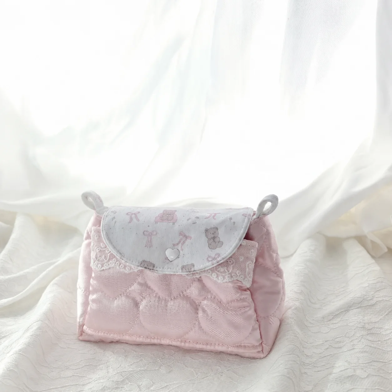 Cosmetic Storage Bag Light Rectangular Cosmetic Case Bear Bow Print Bag Cotton Three-Layer Storage Bag For Small Beauty Items