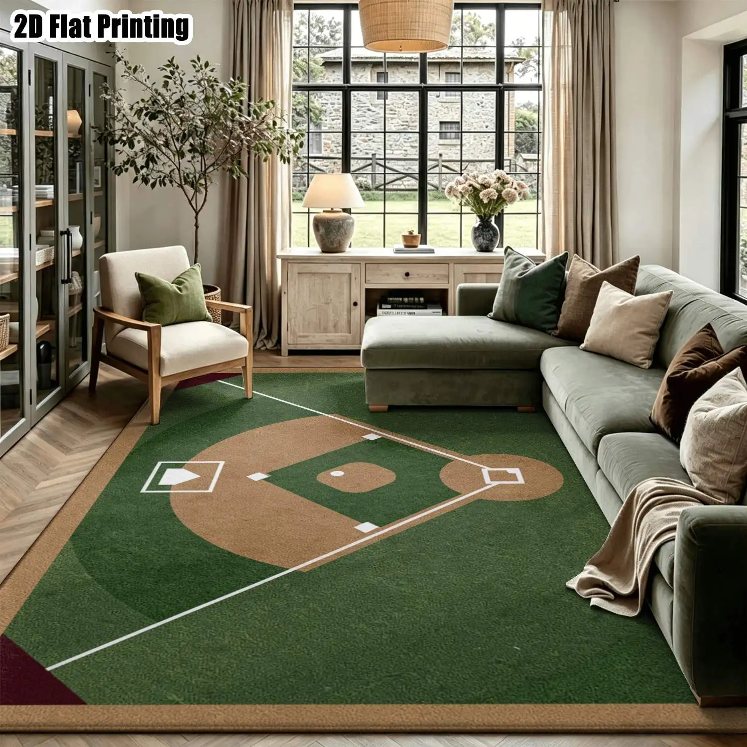 1Pc 2D Printed Carpet: Green Brown Geometric Baseball Field Carpet, Nordic/Vintage/European Style, Modern Simple Home Decor, Multi-Size, Machine Washable, for Entrance, Dining Room, Foyer, Bedroom, Living Room