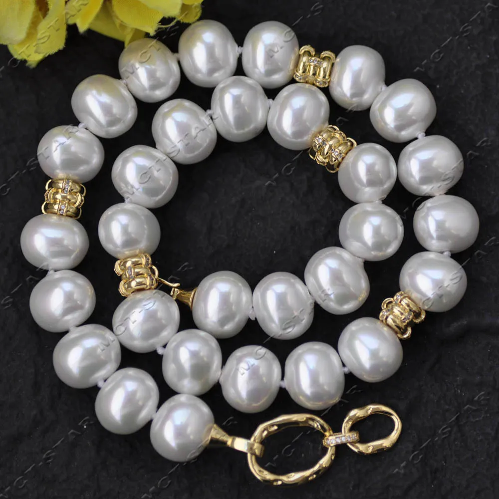 Z14028 20'' 15mm White Egg South Sea Shell Pearl Golden Spacer bead Necklace Custom Jewelry