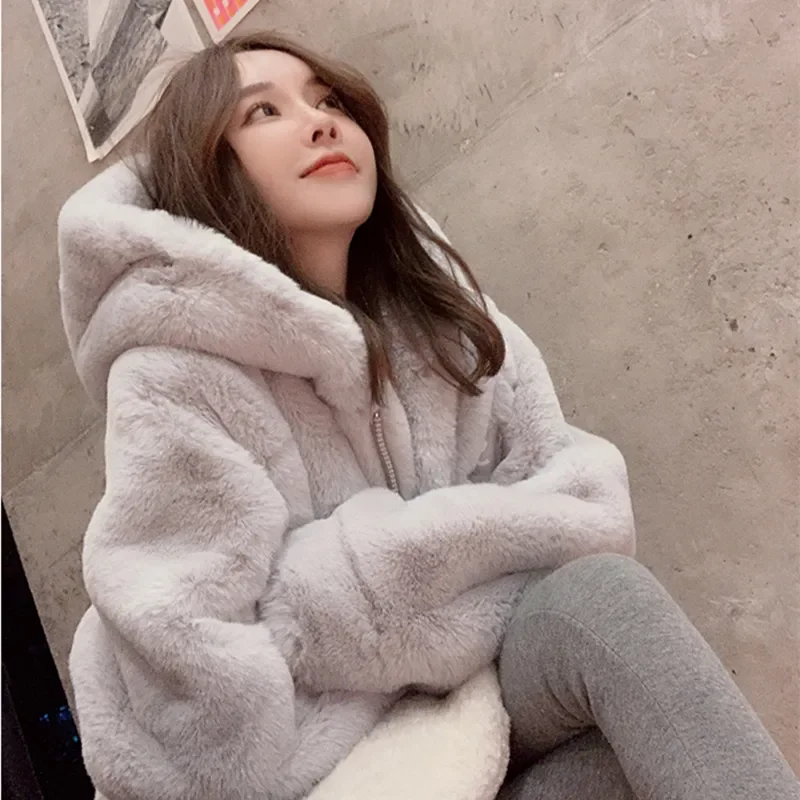 Women's Autumn Winter Hooded Imitation Rabbit Fur Jacket plus Velvet Thick Warm Gift Parka Fur Lamb Plush Overcoat