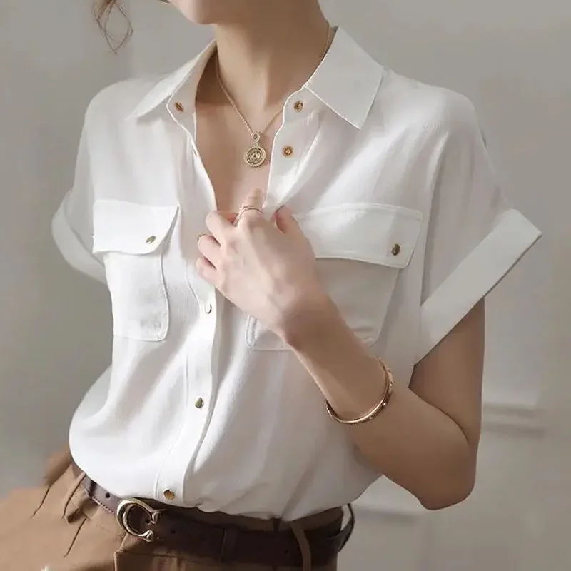 Temperament Chiffon White Shirt Tops Ladies Summer Thin Short Sleeve Polo Neck Loose Solid Blouse Elegant Fashion Women Clothing