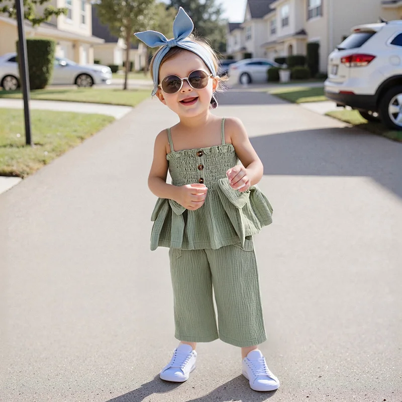 0-4Y Baby Girl 2Pcs Summer Outfits Sleeveless Shirred Cami Tops + Wide Leg Pants Set Toddler Clothes