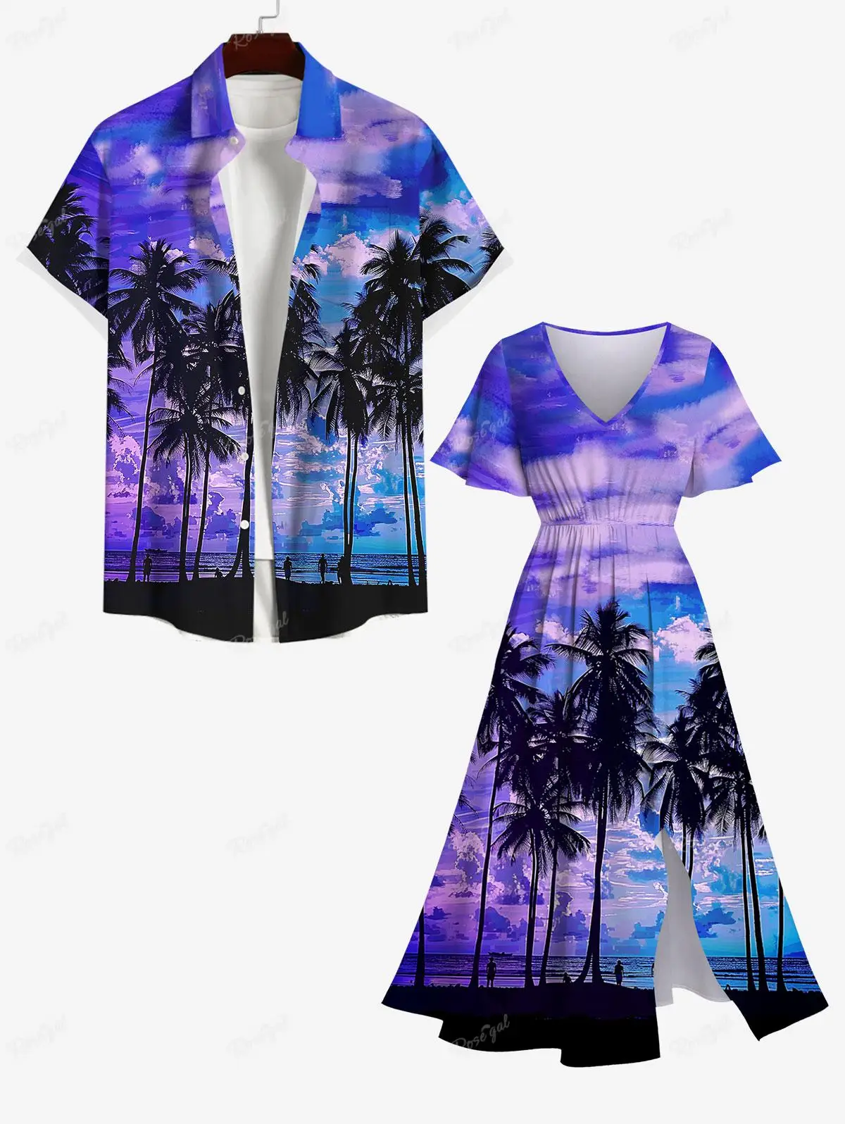 Outfit for Couples Dress vestido فساتين طويلة 원피스 Plus Size Coconut Tree Cloud Sea Print Plus Size Matching Hawaii Beach