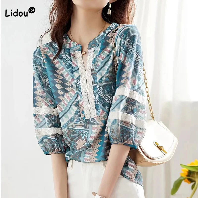 Ethnic Style Printing Splicing Lace V-Neck Chiffon Half Sleeve Pullover Blouse Loose Summer Autumn Korean Fashion Women\'s Shirt