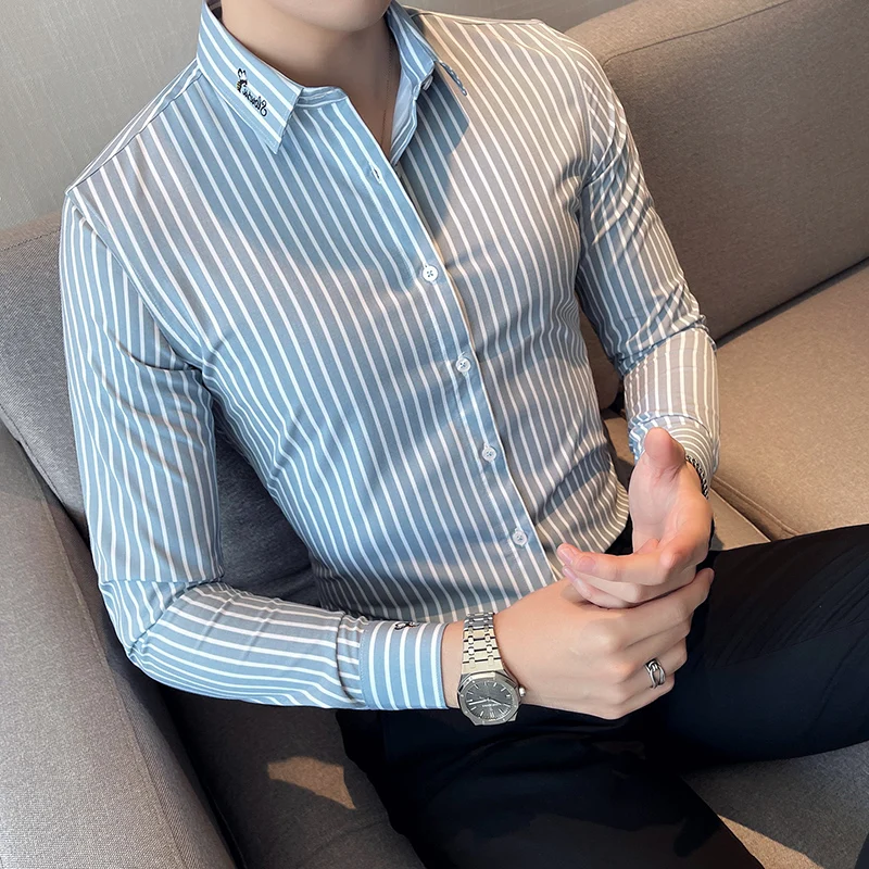 

Мужская длинная све irt Slim Fit без железа с вышивкой, деловая повседневная верхняя одежда в полоску с узором, весна-осень-зима, пальто