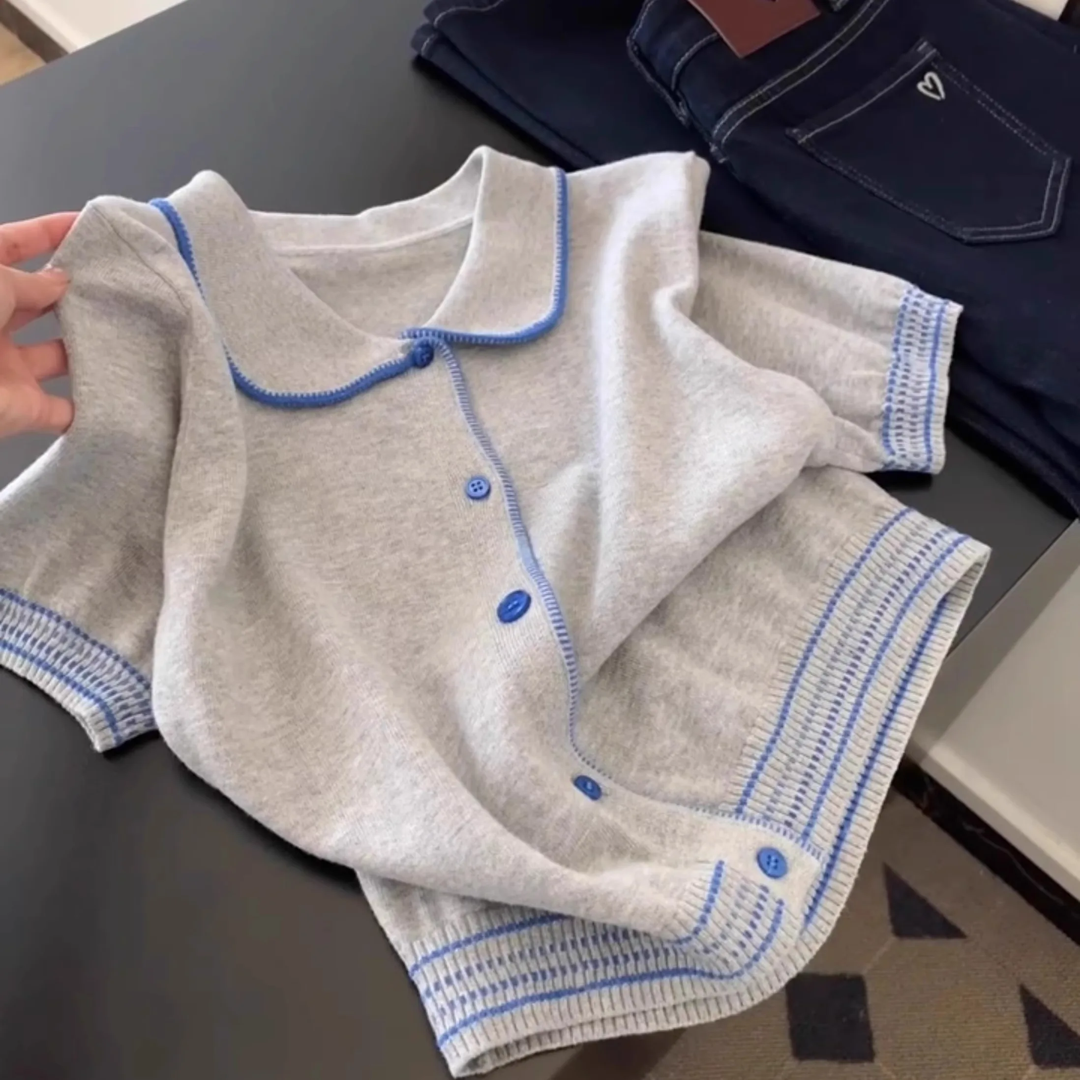 

Серо-синий вязаный кардиган контрастного цвета, футболка, женский летний новый корейский свободный свитер с короткими рукавами, универсальный короткий топ