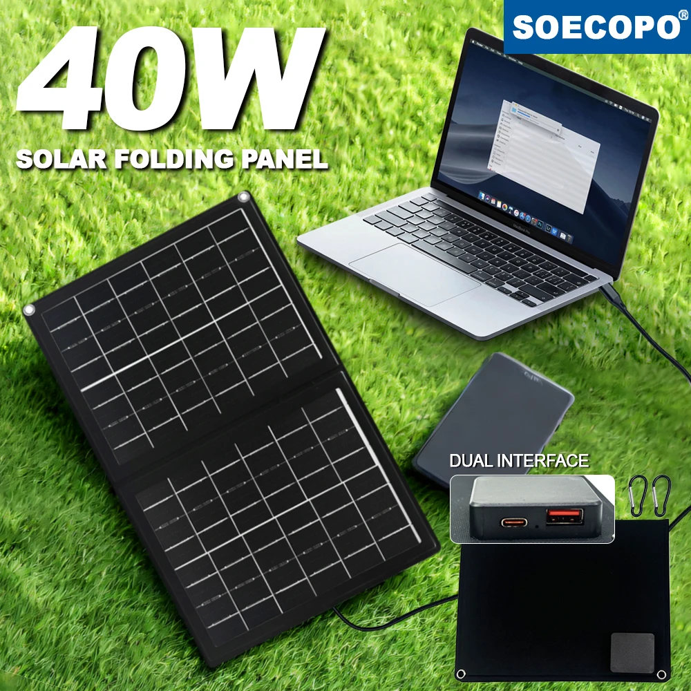 SOECOPO 40 W tragbares Camping-Solarpanel, faltbare Powerbank, 5 V Ladetelefon, Dual-Schnittstelle (USB + Typ C), Outdoor-Aktivitäten