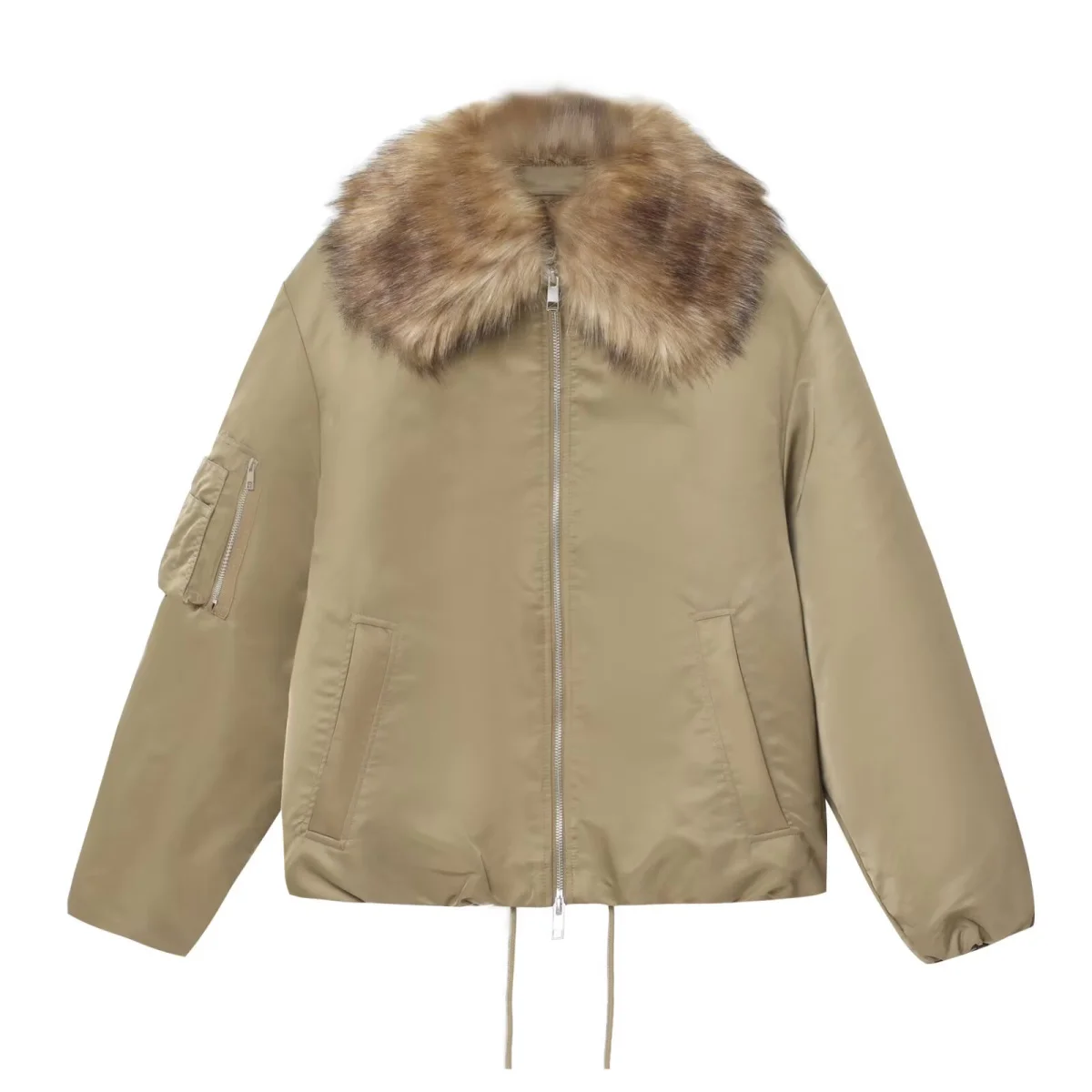 

2025 Winter New Women's Casual Fashion Simple Lapel Faux Fur Effect Zipper Placket Bomber Jacket Short Outerwear