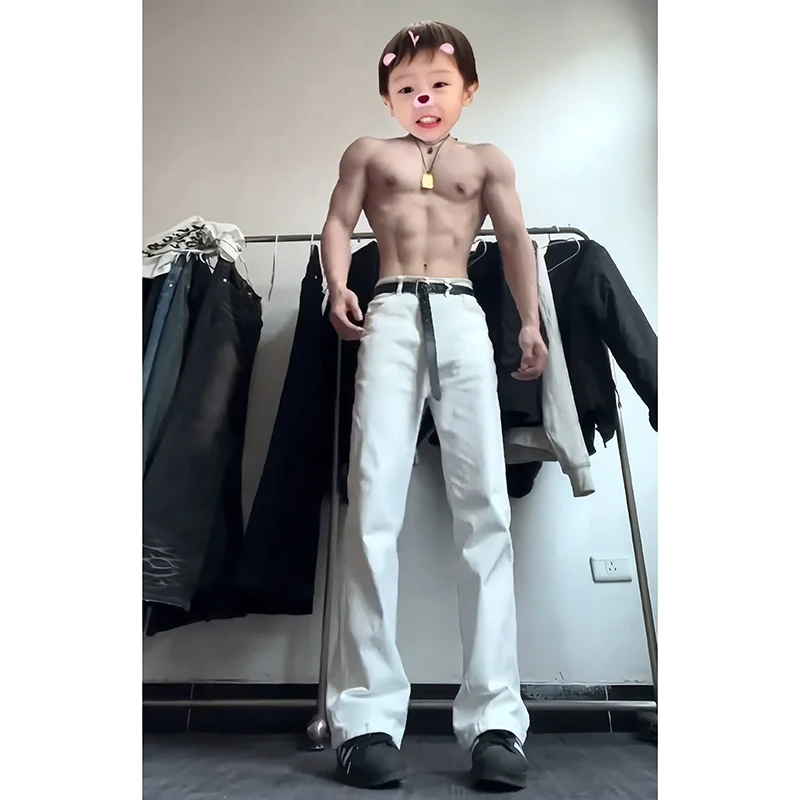 

White Flared Jeans Men's Summer American High Street Elastic Straight Leg High-End Feeling Jeans mid Waist Long Pants