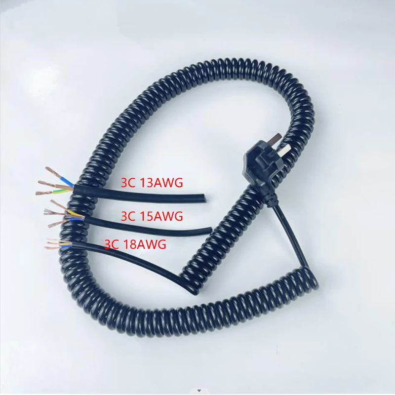 3Cores Spring Spiral Cable With Plug Telescopic 18/15/13AWGWire 0.75mm2-2.5mm2 Stretch1to10Meters Stretchable Shrinkable Cable