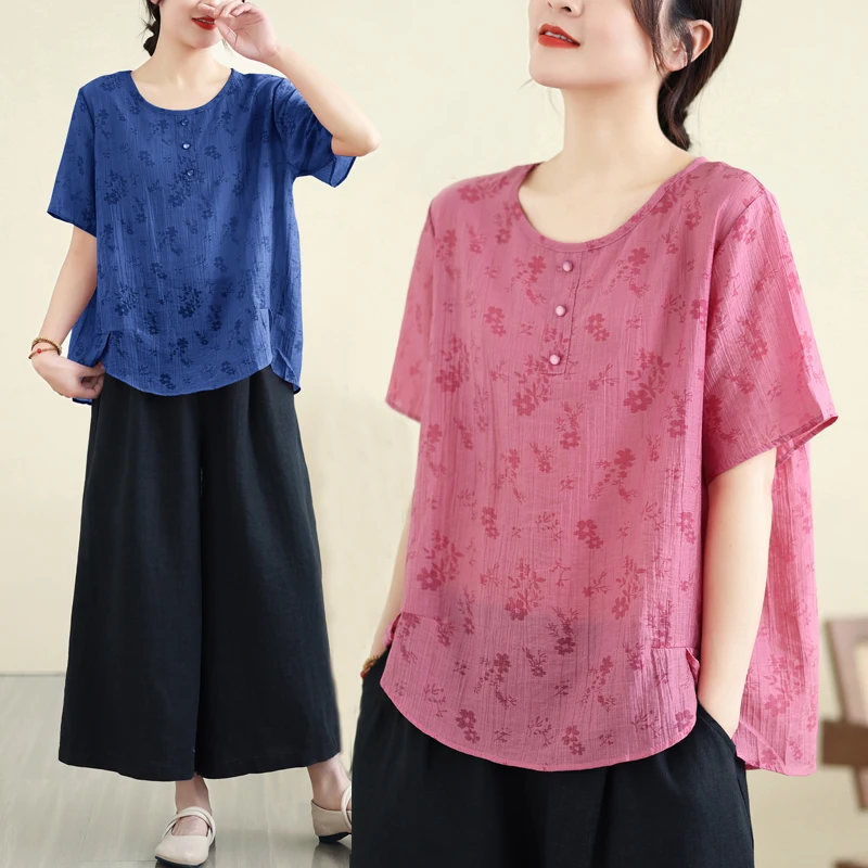 

Summer Floral Cotton Linen ort Sve round Ne irt Women's Slimming Top Ethnic Sle Casual Comfortable Breathable T-irt