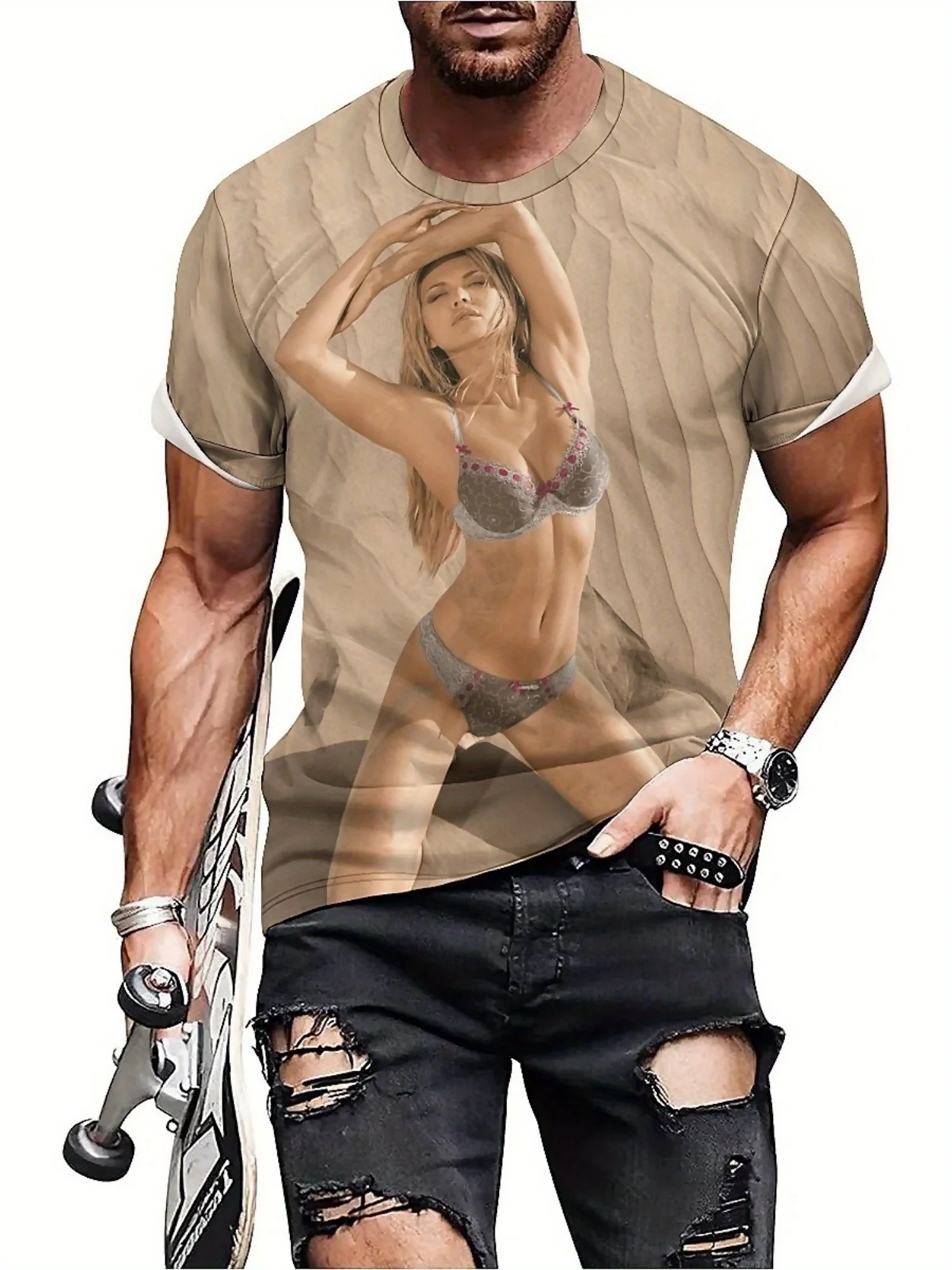 Camisas unissex com elementos brasileiros com estampas digitais 3D, camisetas largas e modernas com gola redonda