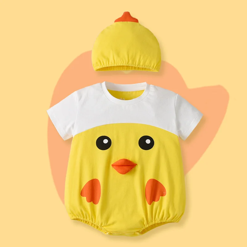 Summer Baby Clothes Rompers Boys Girls Bodysuit Baby Onesie Cartoon Chick Print Cotton Short Sleeved Newborn Baby Jumpsuit