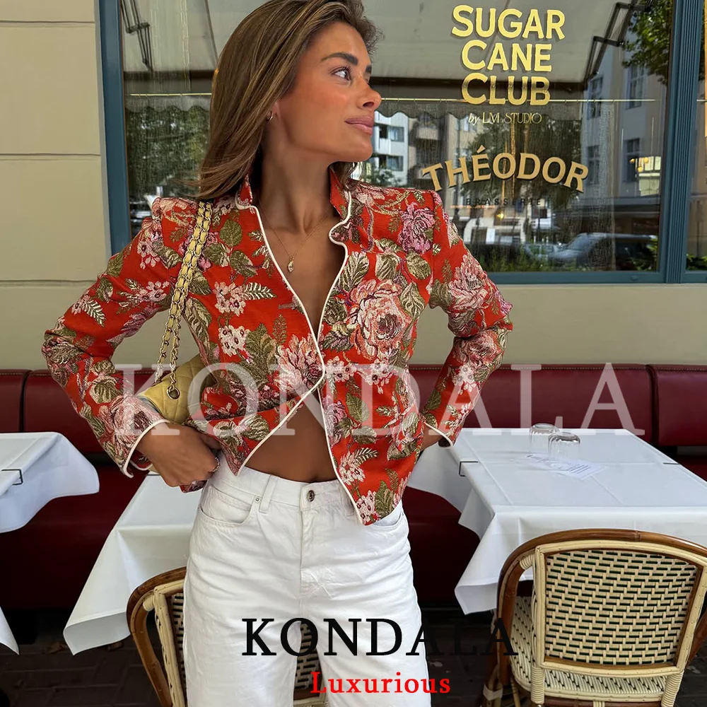 KONDALA Vintage Casual Chic Damenjacke mit Blumenmuster, Stehkragen, Einreihige Jacke, Mode 2026 Herbst-Winter-Jacken – Detail 5