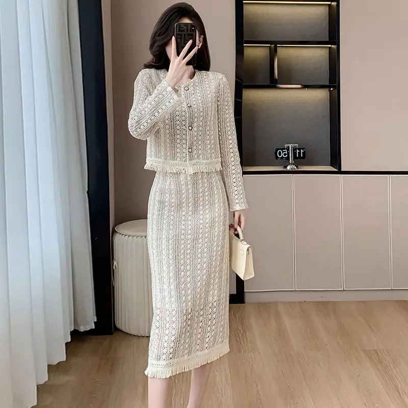 New 2024 Spring Slim Temperament Elegant Tassel Chic Style Jacket Skirt Set Two-Piece Women Female Office Lady Clothing Fashion