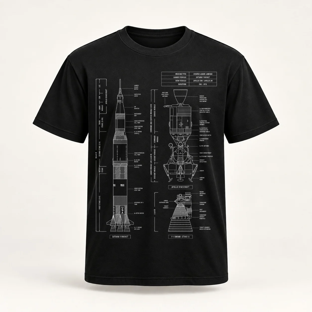 Saturn V / Apollo Crewed Lunar Expedition (White Stencil - No Background. Vertical) T-Shirt