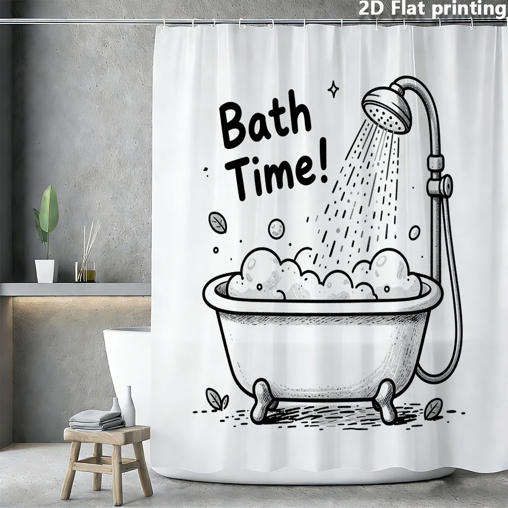 

"Bath Time!" Cartoon Bathtub Shower Curtain 1pc with 12 Hooks for Bathroom Home Decor Polyester 2D Flat Print 70.8x70.8 Inch