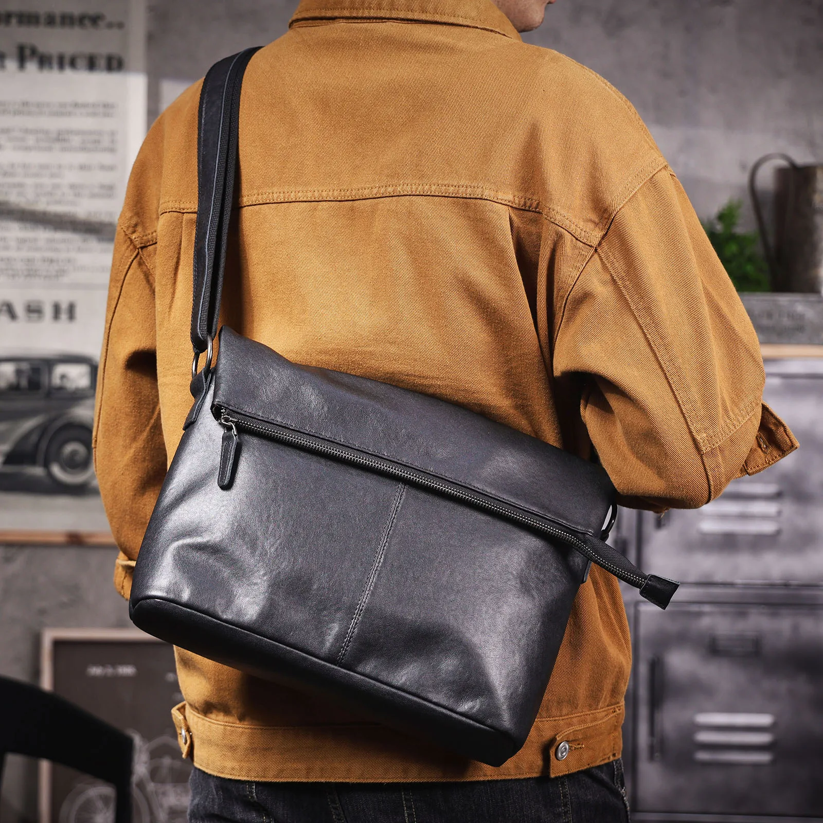 Echte Leder-Umhängetasche für Herren, Crossbody-Laptoptasche, einfache Rindsleder-Tasche aus pflanzlich gegerbtem Leder, modisch und lässig – Detail 4