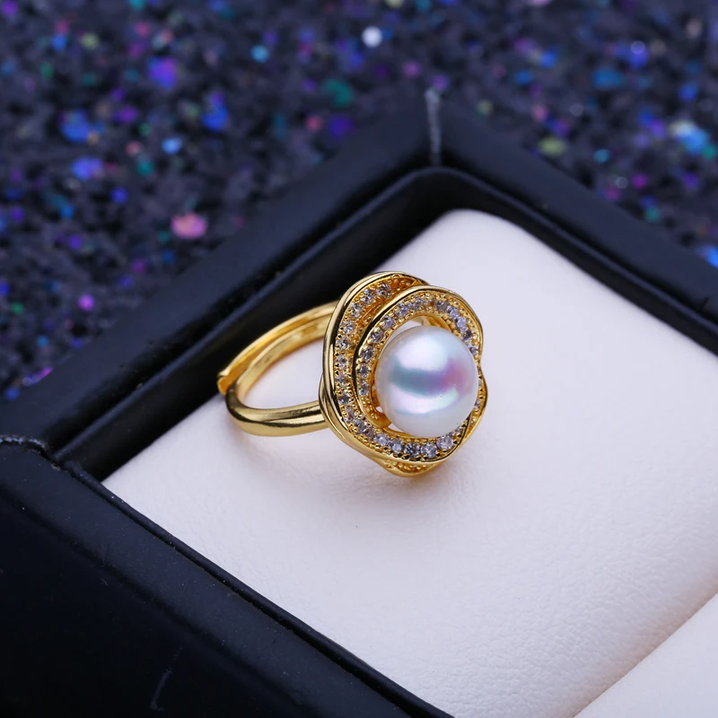 FENASY Natural Freshwater Pearl Rings For Women Bohemian Adjustable Gold Color Emerald Ring Female Party Wedding Jewelry