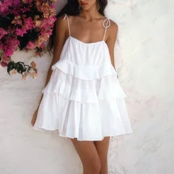 White Short Dress Woman Cotton Layered Loose Beach Sundress Summer Strap Sleeveless Ruffle Babydoll Dresses