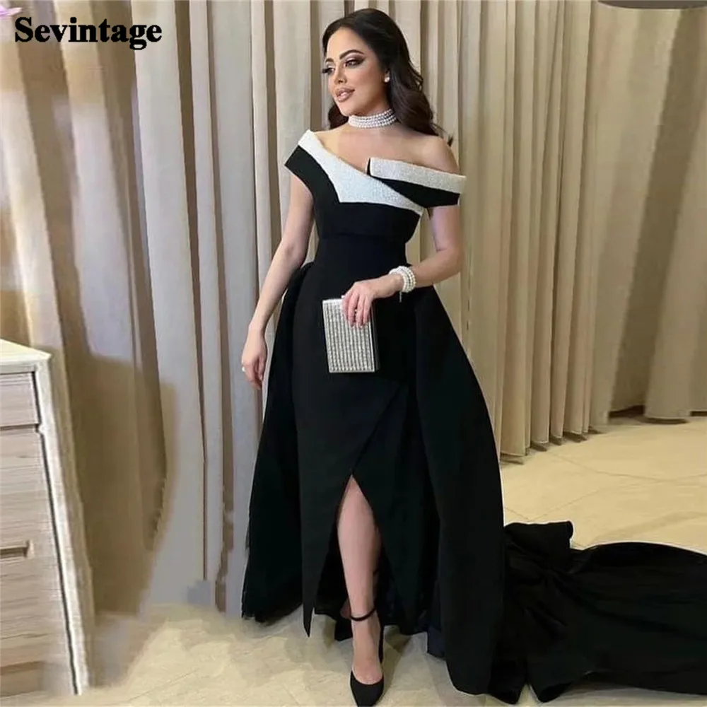 

Sevintage Black Saudi Arabic A Line Long Prom Dress Off The Shoulder Prom Party Gowns Slit Side Formal Evening Dress with Train