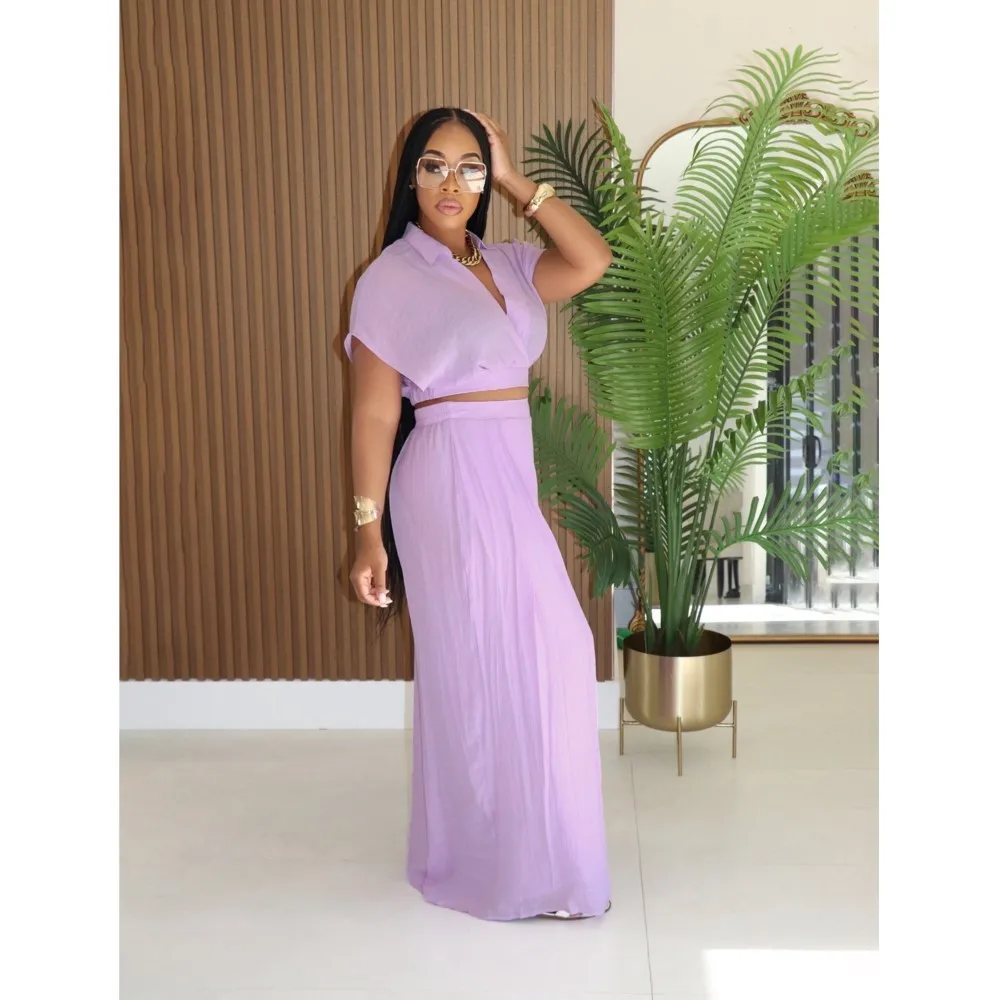 

Fashion Short Top Casual Vacation Wide-leg Pants Women's Long Pants 2 Pieces Spring Summer New Solid-color Sexy Female Set 2025