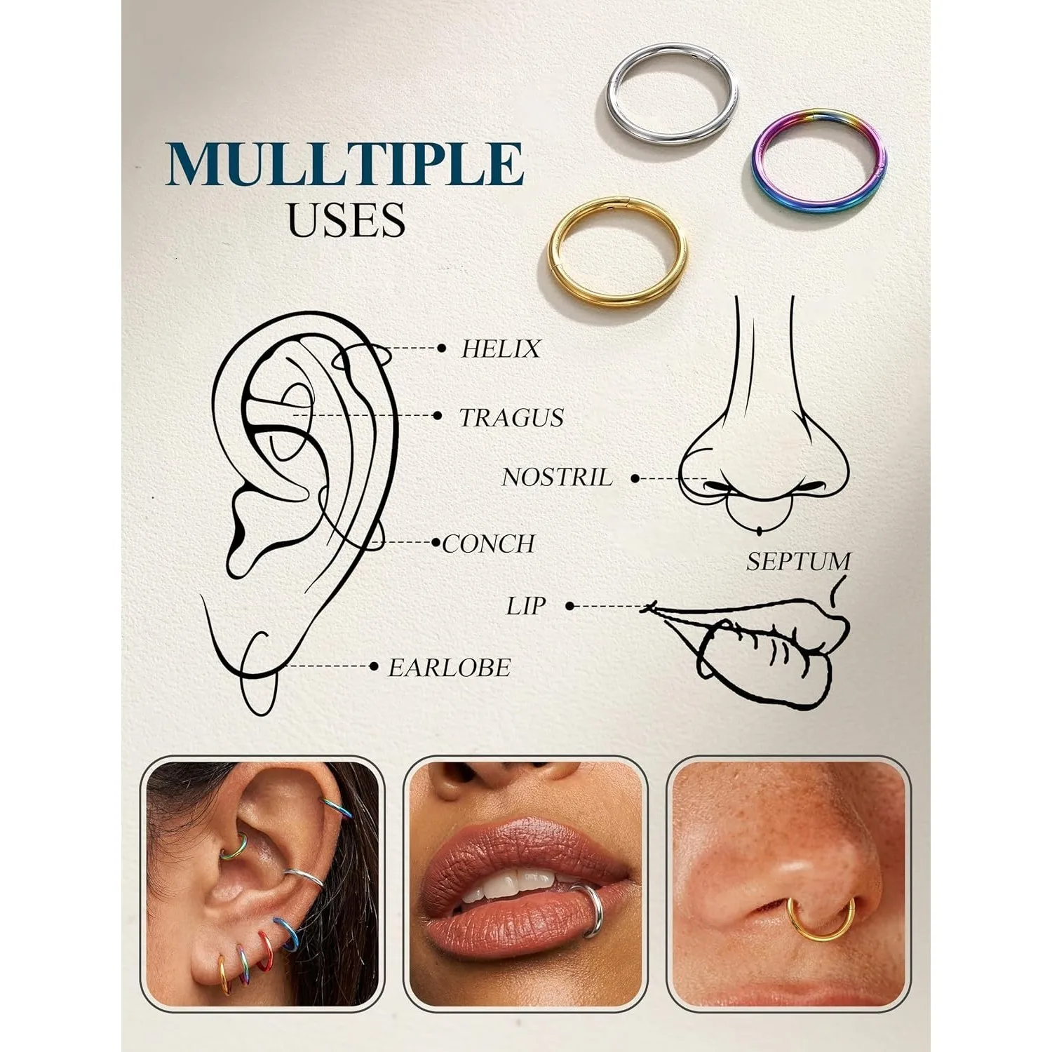 Drperfect 10 unidades de anillos de nariz articulados de acero quirúrgico 316L, tipo clicker, para piercing de labio, hélix, cartílago, septum, daith, tragus y rook