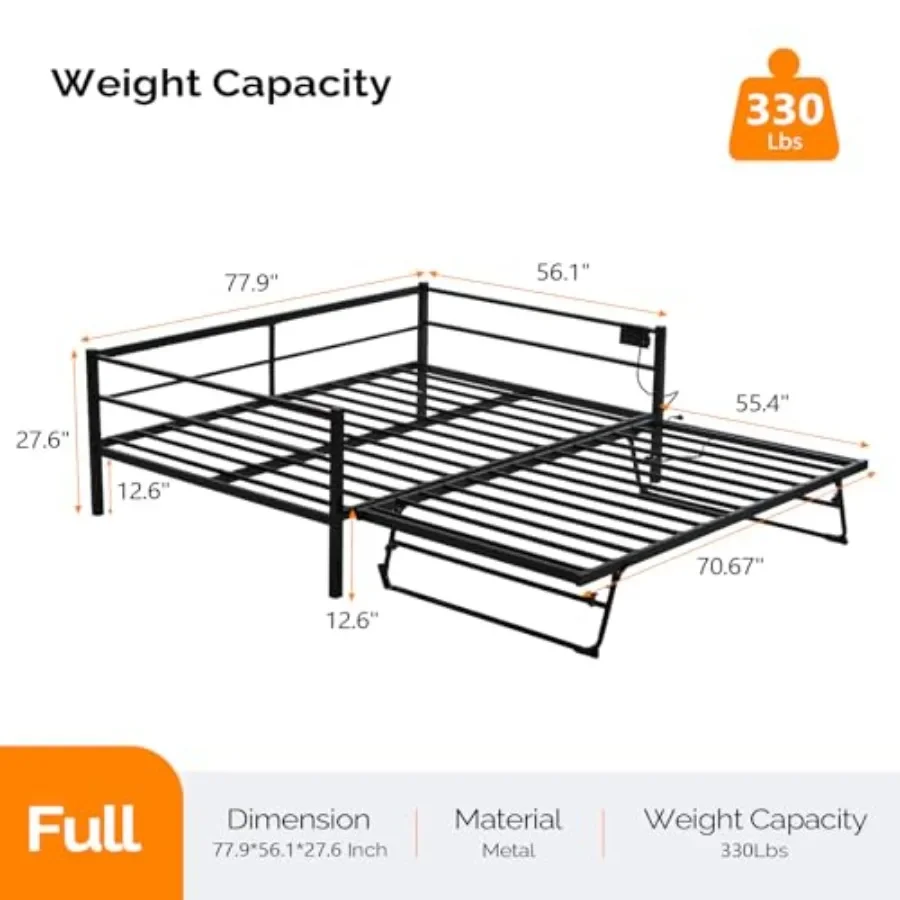 Metal Daybed with Pop-Up Trundle Bed, Sofa-Style Day Bed Frame Featuring Built-in Charging Station Warm LED Lights, Heavy-Duty