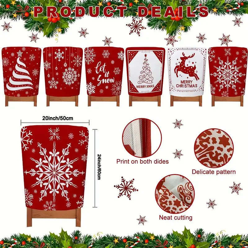 VIKAMA Christmas Chair Back Cover Red Snowflake Reindeer Print Removable Washable For Dining Room Kitchen Christmas Party Decor