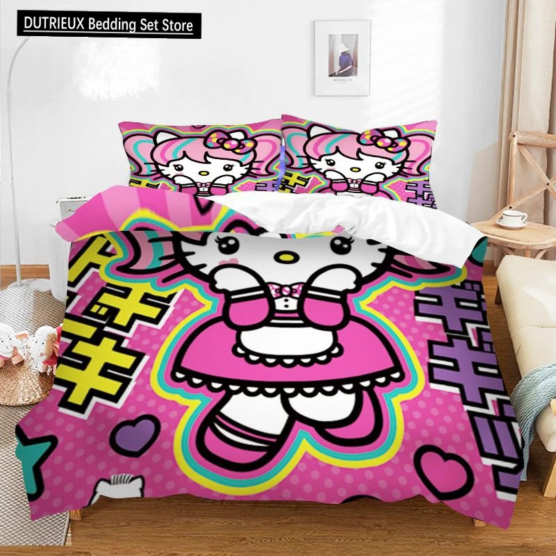 Sanrio Cartoon Hello Kitty Printed Home Bedding Set Polyester Comfortable 3-Piece Set Children Adult Double Bed Full Size