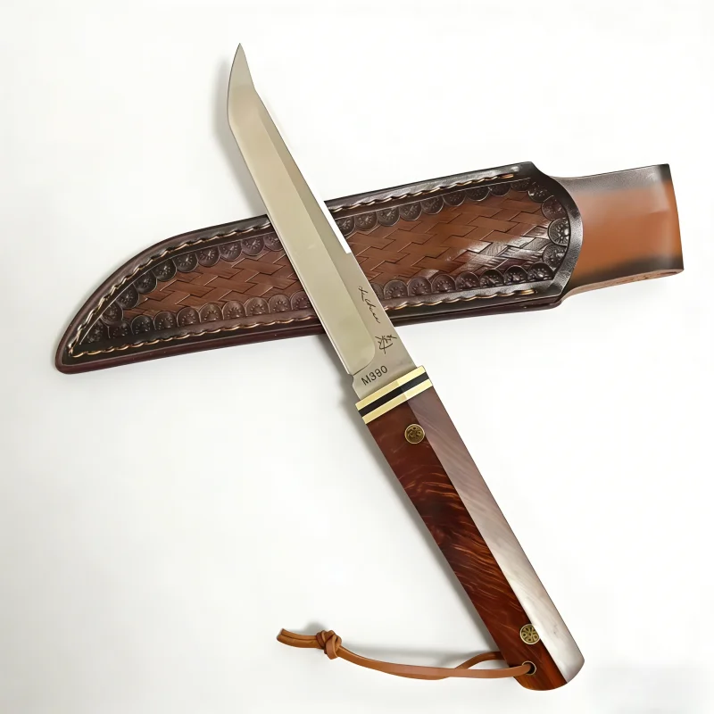 

Нож с фиксированным клинком из стали M390 с деревянной рукоятью и кожаными ножнами, премиальный инструмент для активного отдыха и кемпинга, прямые поставки с завода