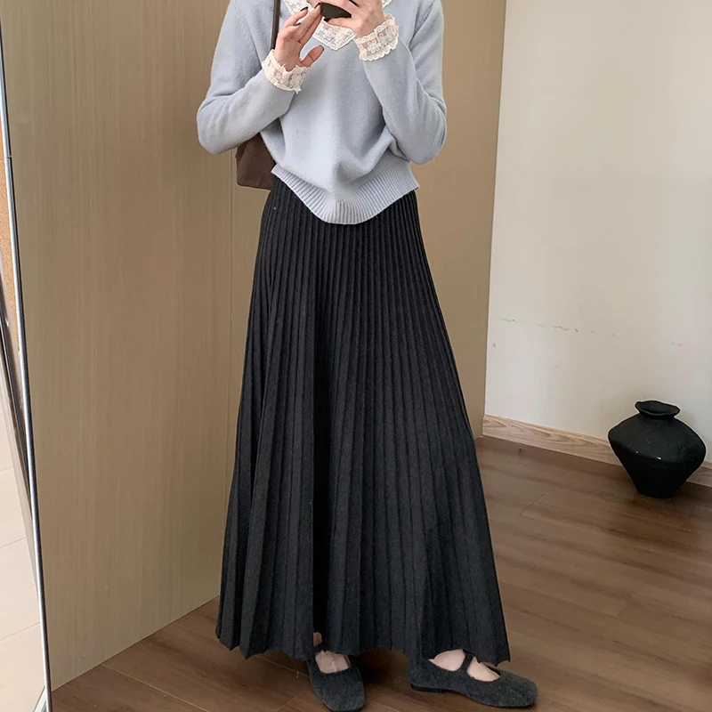 

Fashion Women Knitted Pleated Skirts High Waist Thicken Stretch A-Line Long Skirt Autumn Winter Elegant Skirts
