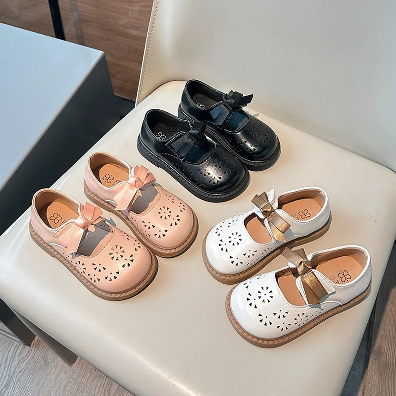 Spring Autumn New Girl's Shoes Hollow-out Princess Versatile Children Leather Shoes with Bowknot Elegant Causal Kids Flat Shoes