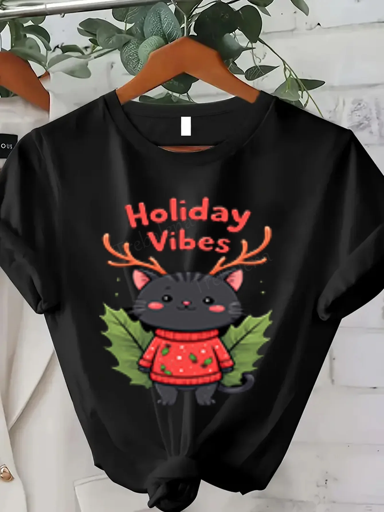 تي شيرت نسائي Holiday Vibes Cat Reindeer تي شيرت للنساء
