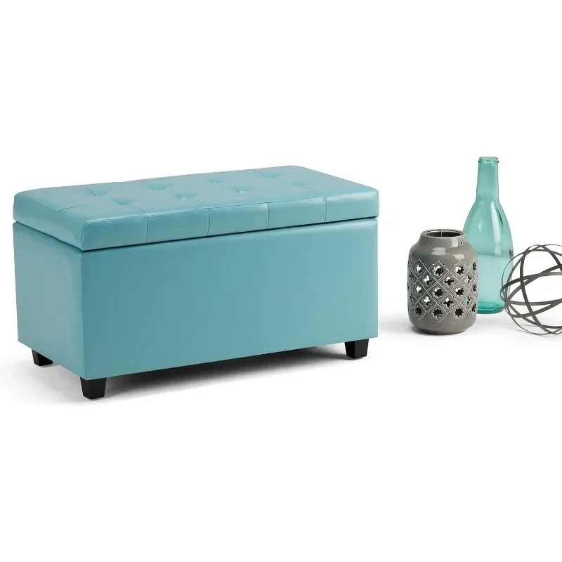 Cosmopolitan 34 inch Wide Rectangle Lift Top Storage Ottoman in Upholstered Soft Blue Tufted Faux Leather, Footrest Stool