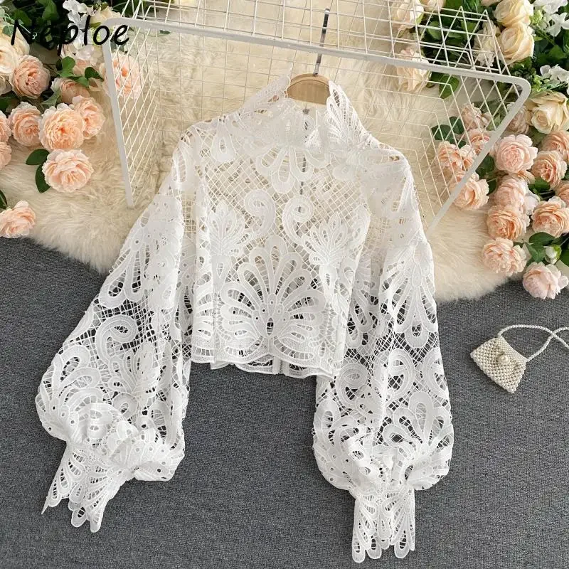 Neploe Fashion Chic Lantern Long Sleeve Blouses 2024 Fresh Sweet Zip Short Blusas Sexy Lace Hollow Out Stand Collar Women Shirt