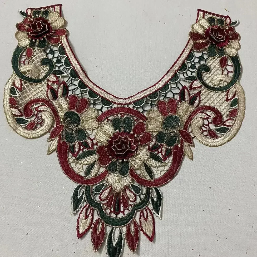 1Pc Green Red 3D Embroidered Fabric Color Flower Lace Sewing Applique Lace Collar Neckline Ancient Collar Applique Accessories