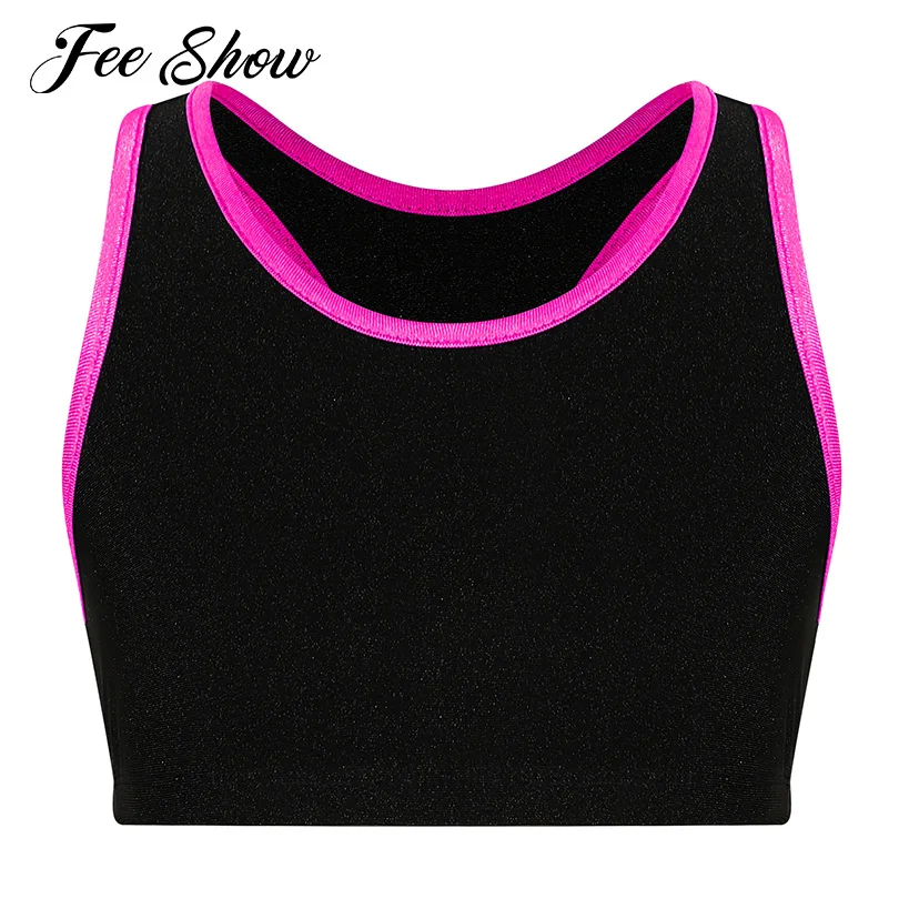 

Teenagers Kids Girls Sports Top Racer Back Sleeveless Running Crop Tops Contrast Trim Stretchy Sport Tops for Swimming Fitness