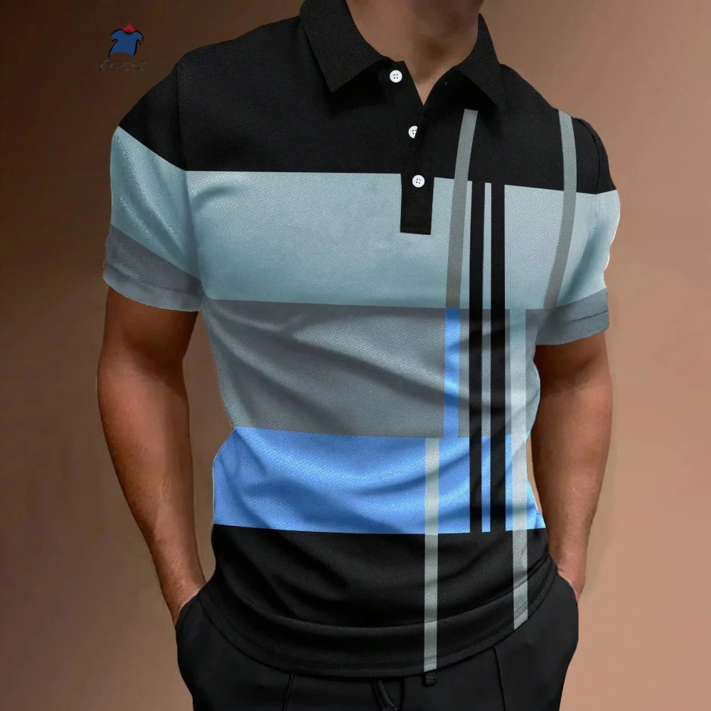 New Male Golf Stripe Polo Men's Casual Short-Sleeved Polo Shirt Solid Color Lapel Fashion Business Sports Breathable T-Shirt Top