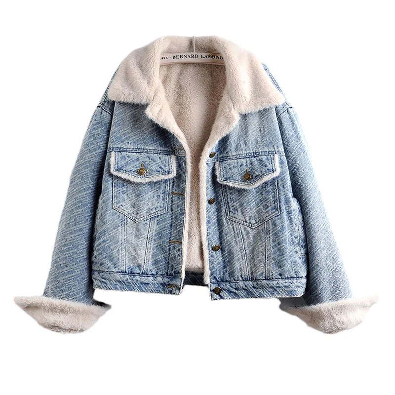 

Осень-зима, новая винтажная жаккардовая повседневная короткая джинсовая куртка, утепленная теплая подкладка из искусственного кроличьего меха, ковбойская верхняя одежда Chaqueta Mujer